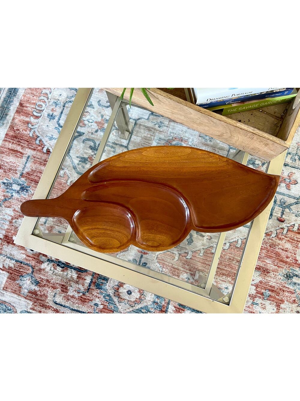 Vintage Leaf Wood Serving Tray, Divided Wooden Dish Bowl 22" Mid Century